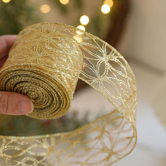 Transluzentes Polyesterband für Schleifen 2,5" x 2,2 Yards Gold Durchsichtig Weihnachtsbaumdekoration und Geschenkverpackung Verpackung, Netzstoff DIY Bastelarbeiten Floral