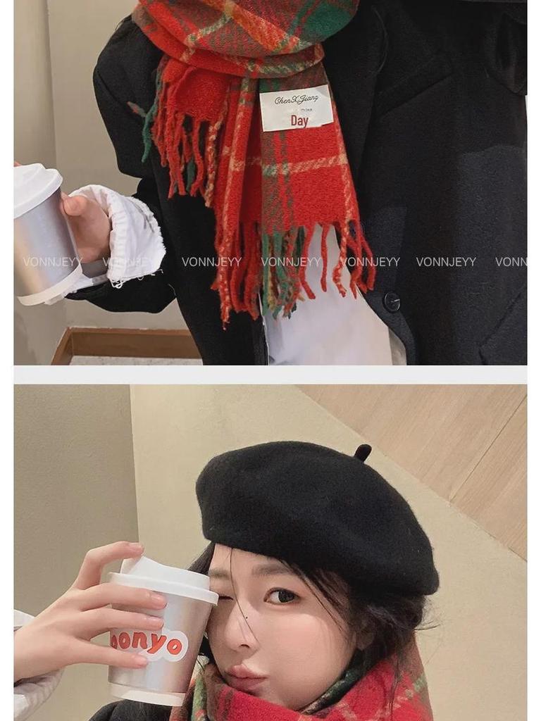 New Year Christmas Red Tassel Plaid Scarf - Women's High-End Warm Winter Korean Shawl