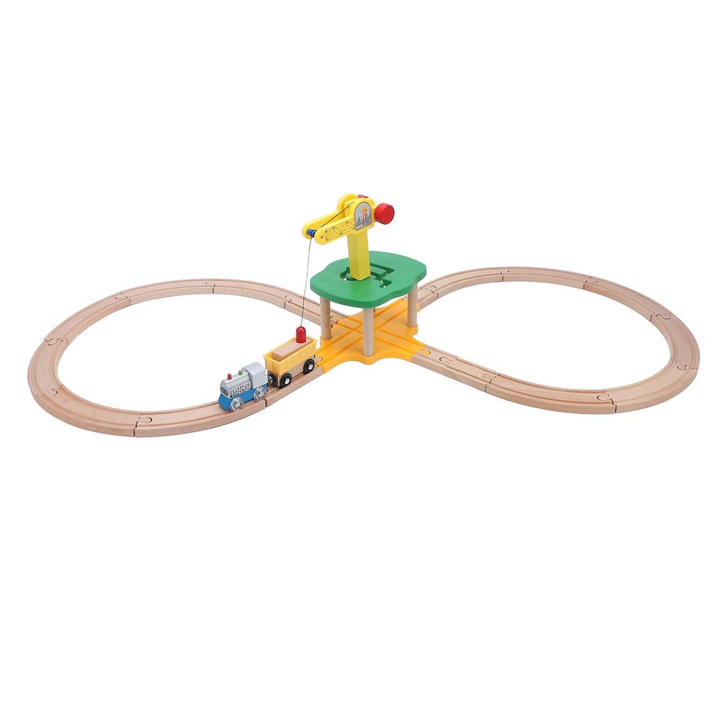 Tower Crane Wooden Train Track Set with Straight Curved Tracks Building Blocks Wooden Railway Set
