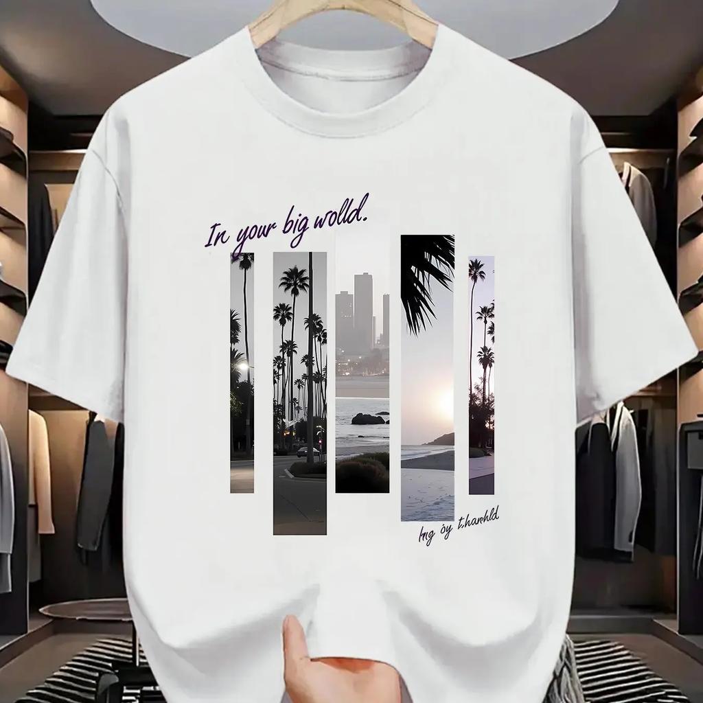 Summer men's round-neck tropical rainforest print short-sleeved casual fashion sports 100% pure cotton T-shirt