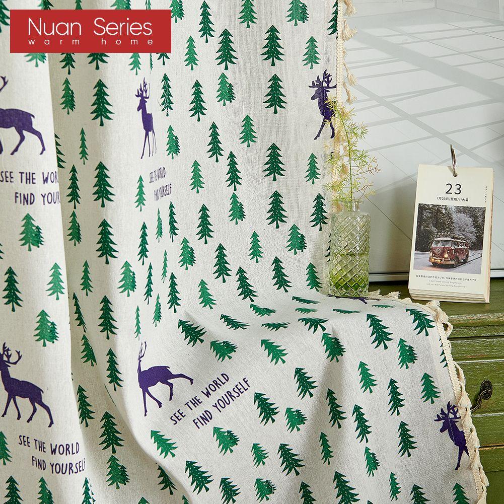 1PC Nuan Series Festival Decorative Curtain Christmas Elk Pattern Cotton Linen Printed Curtains With Tassel For Windows Balcony Home Decor