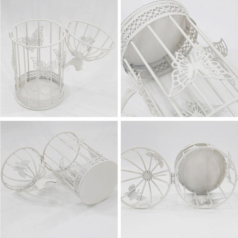 White Iron Candle Holders, Birdcage Frame with Butterfly Accent and Bird Top Detail, Antique Candlestick Lantern for Living Room, Entryway, or Study