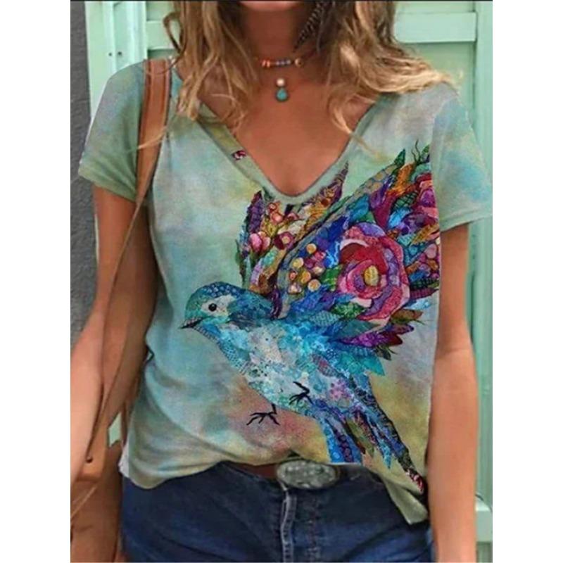 Summer V-neck 3D Bird Printed Top Fashionable Casual Short Sleeved Women's T-shirts