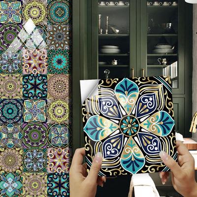 16pcs/set Mandala Style Ceramics Tiles Wall Sticker Kitchen Bathroom Tables Art Mural Home Decor Peel & Stick PVC Wall Decals