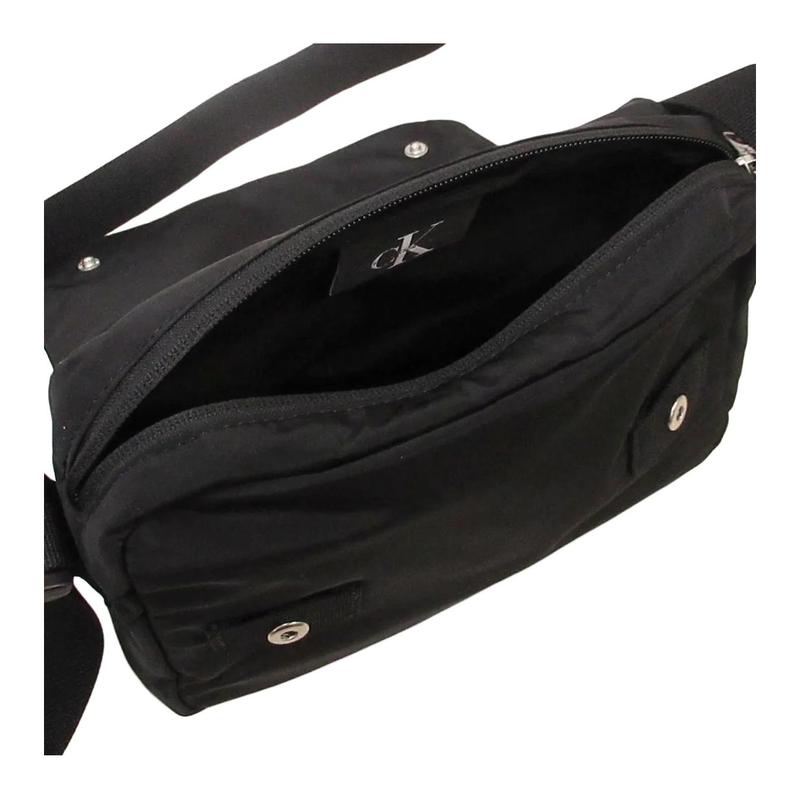 Calvin Klein Brand logo decorative snap closure, polyurethane crossbody bag, unisex couple style, black