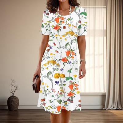 Women's Fashion Graceful Flowers and Plants Print Summer Spring Short Sleeve O-Neck Casual Dresses