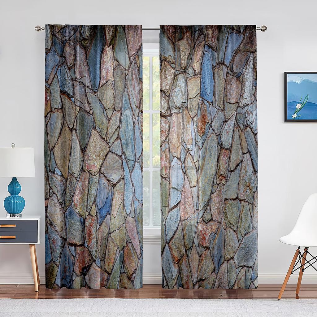 Urban Brick Slate Stone Wall Tulle Curtains for Living Room Bedroom Decoration Modern Chiffon Sheer Voile Kitchen Window Curtain