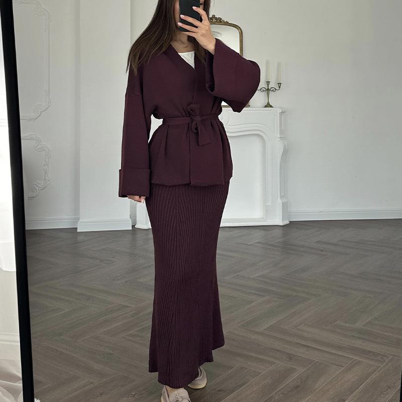 2025 Autumn European & American V-Neck Tie-Waist Short-Sleeve High-Waisted Skirt Set