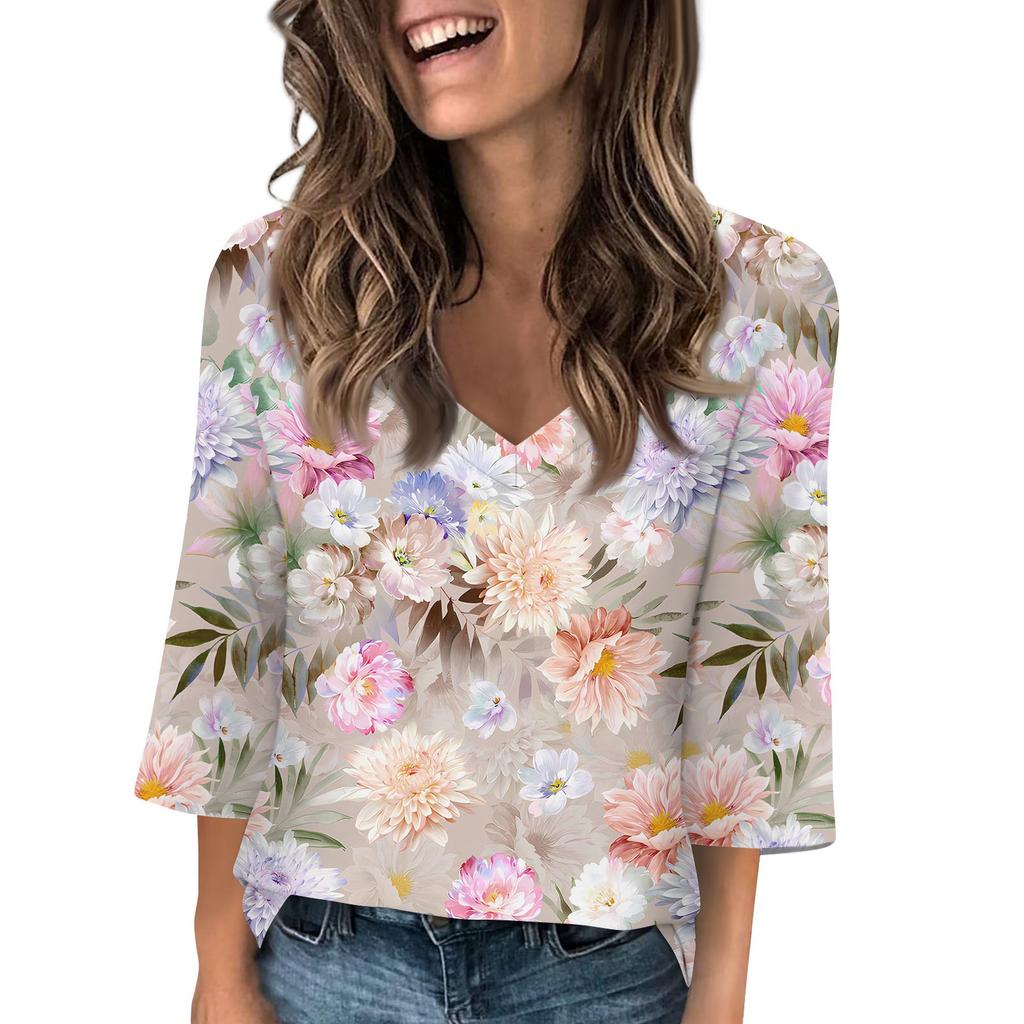 Women's V Neck 3/4 Sleeve Tops Casual T Shirts Basic Summer Tees Loose Pullover Top