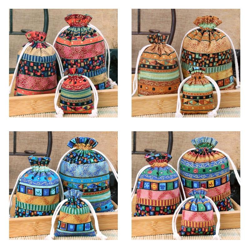 1/10PCS Ethnic Style for Weddings Christmas Stripe Buddhist Beads Sorting Bag Drawstring Pocket Bag Bohemian Jewelry Bag Cotton