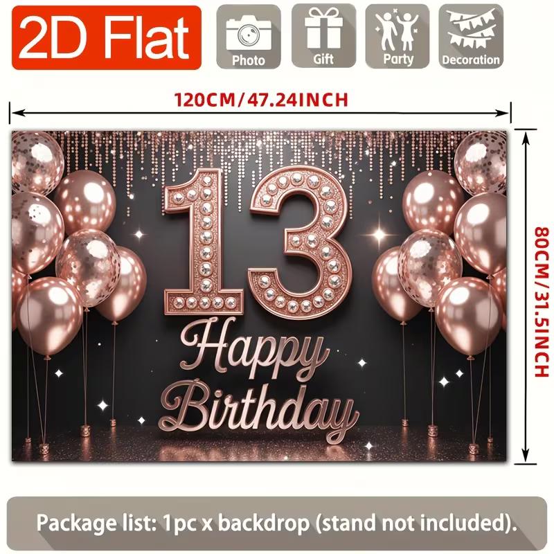 2D Happy 13th Birthday Backdrop, Rose Gold Glitter Balloon Party Photo Booth Background