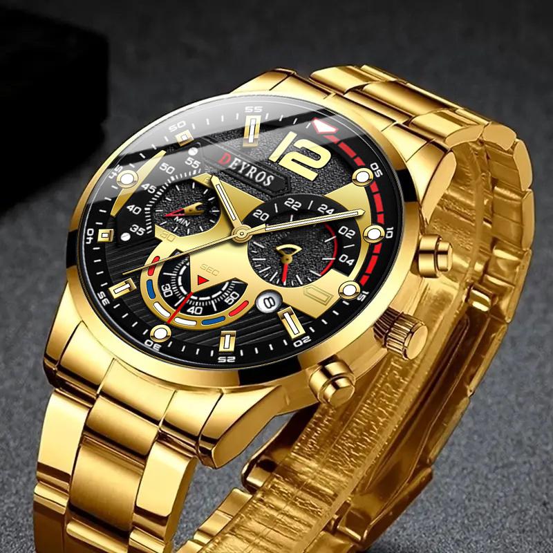 2pcs/3pcs/set, 1pc Fashion Men's Business Stainless Steel Strap Quartz Watch & 1pc Bracelet/2pcs Bracelets Set, Ideal Choice for Gifts
