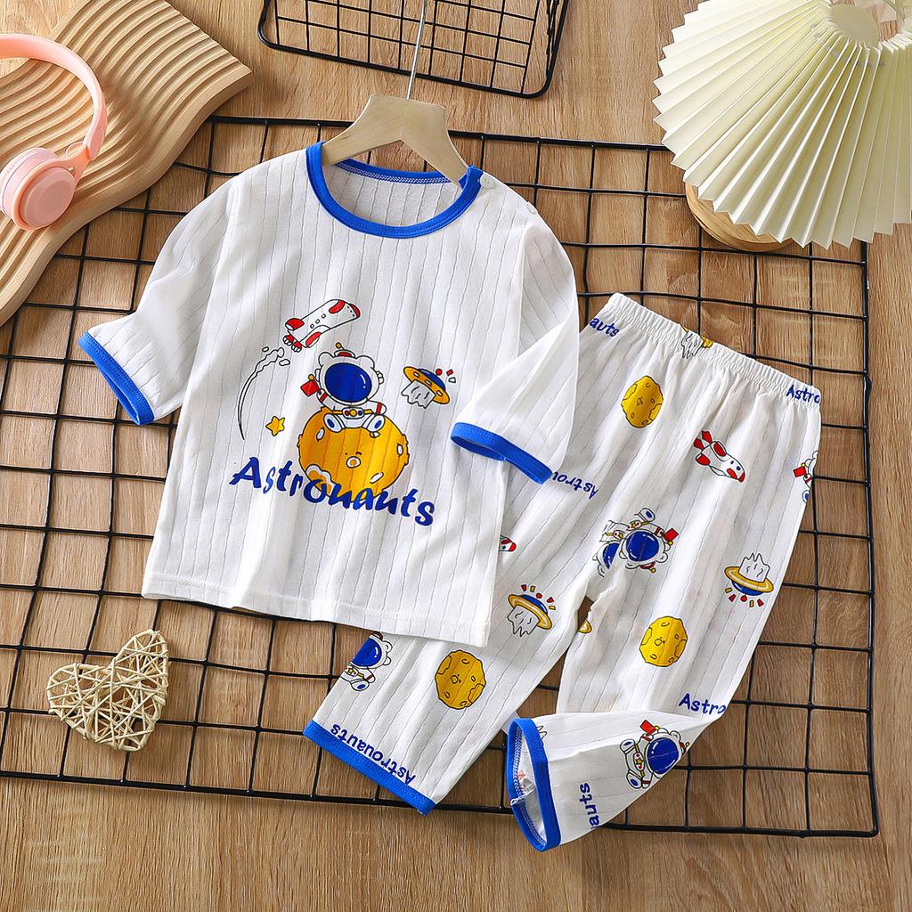 New Children's Pure Cotton Homewear Set Summer Long Sleeve Pajamas Thin Air Conditioning Clothes Boys and Girls Clothing