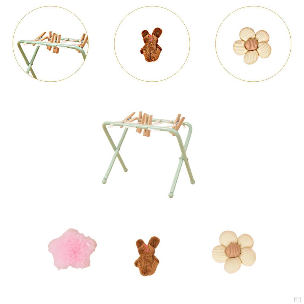 Dollhouse Clothes Drying Rack with 4 Clips Gift Cute Playset Mini Clothing Model for