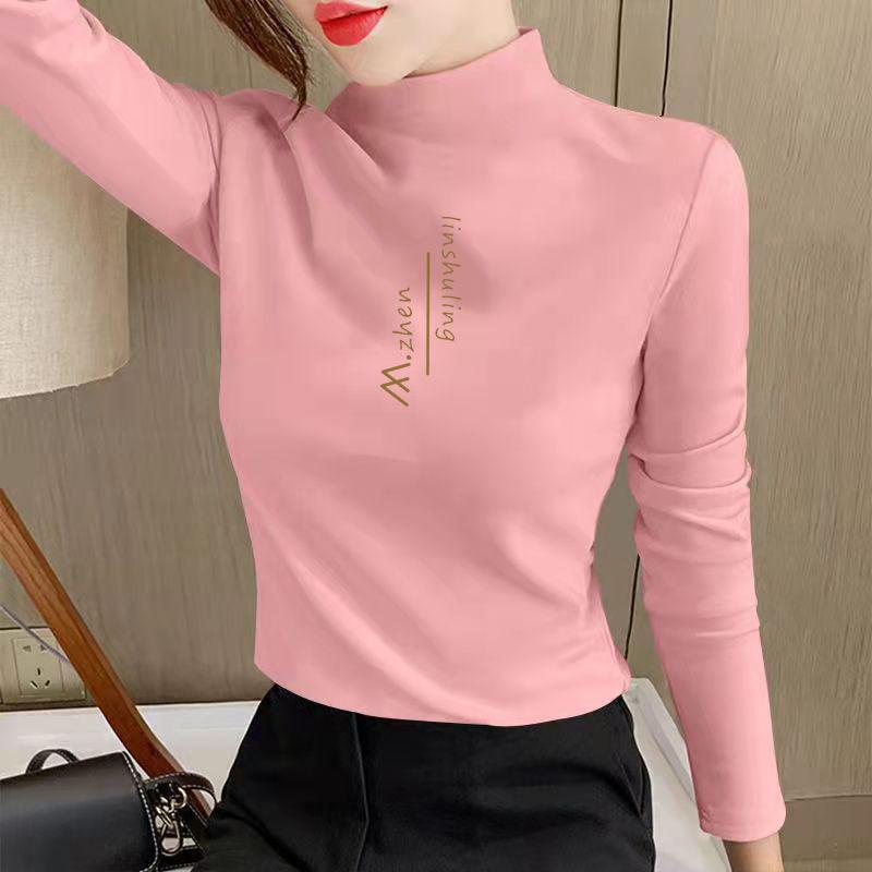 Women's Double-sided Velvet Brushed Padded Half-turtleneck Base Layer for Autumn and Winter with a Solid Color Warm Long-sleeved Top