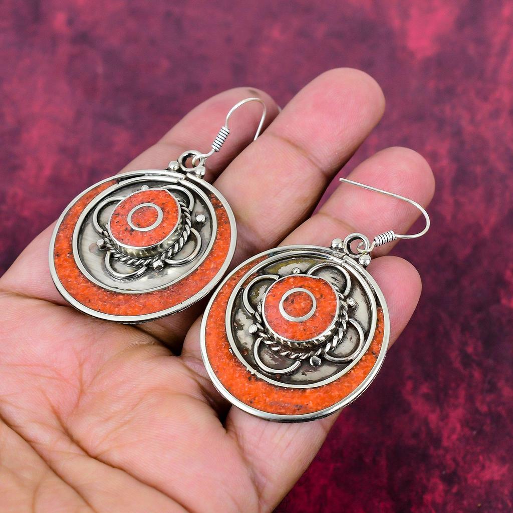 Coral 925 Solid Sterling Silver Nepali Earrings, Handmade Gemstone Earrings Jewelry, Gifts For Wife Brand New Earrings