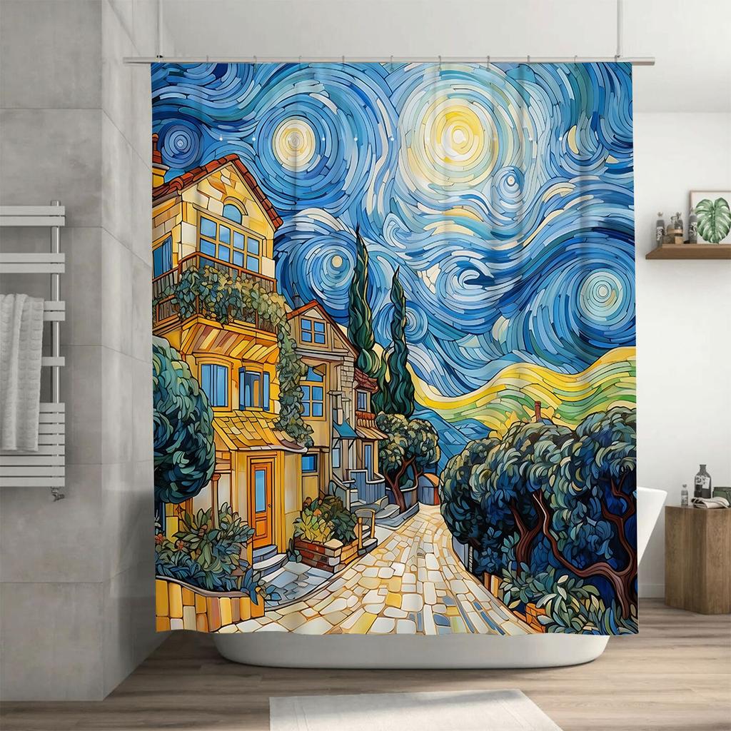 Van Gogh Inspired Starry Night Village Shower Curtain Transform Your Bathroom Into An Artistic Haven Waterproof  Durable