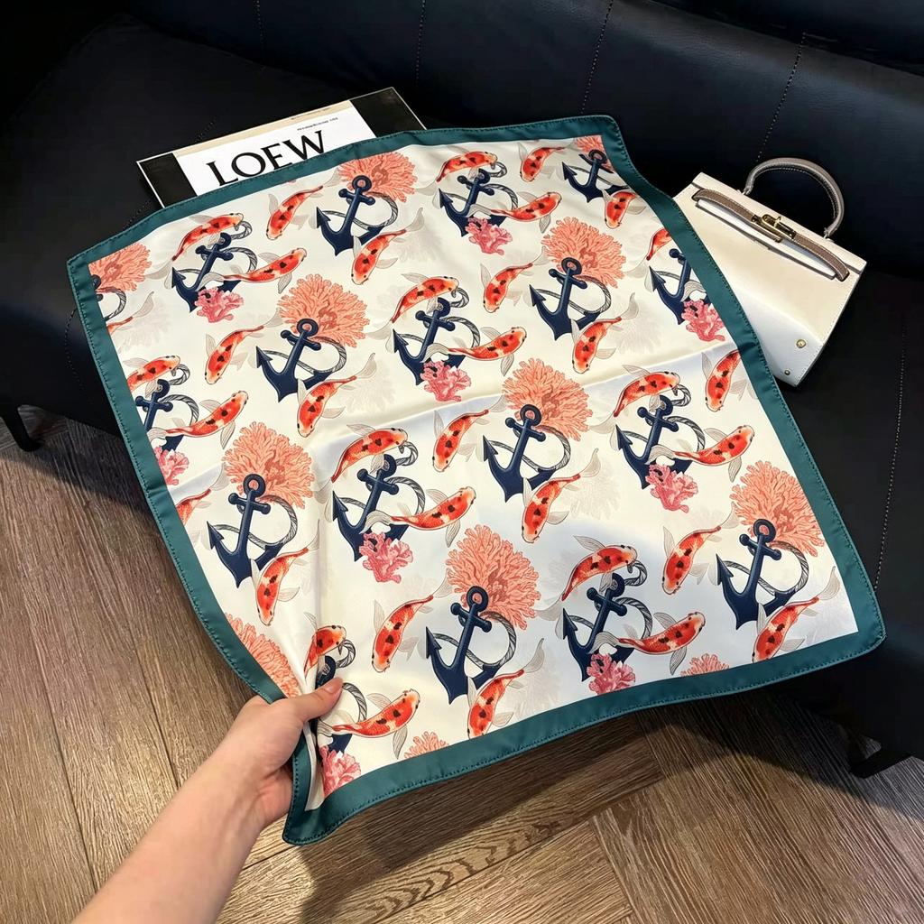 Sen green flower print fresh imitation silk scarf premium versatile square scarf neck protection scarf trendy headscarf scarf women