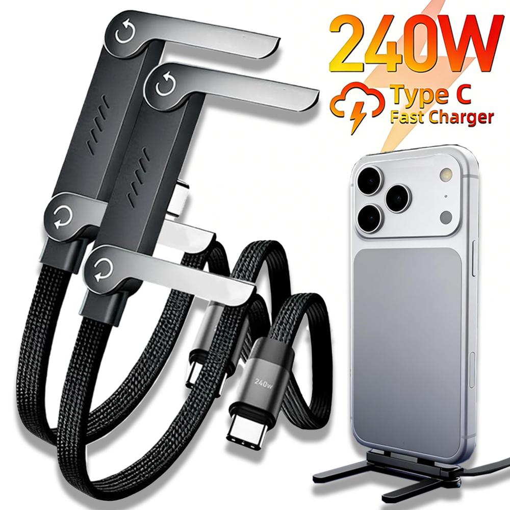 1-2PCS 240w Fast Charging Foldable Bracket Data Cable 90° Elbow Data Wire with Phone Tablet Stand for IPhone IPad Xiaomi Samsung