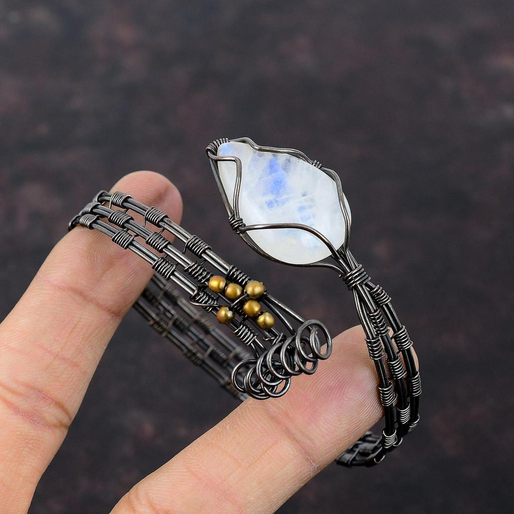 Brățară Manșetă Piatră de Lună Curcubeu Înfășurată cu Sârmă de Cupru Brățară Banglă Făcută Manual Ajustabilă Bijuterii Înfășurate cu Sârmă de Cupru Brățară cu Piatră Prețioasă Pentru Cadouri