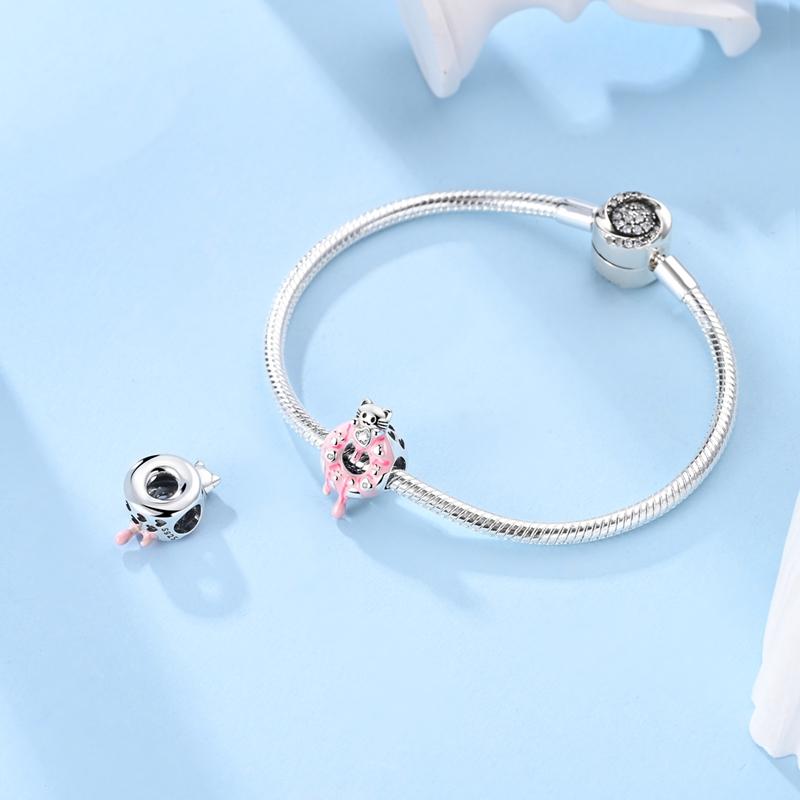 Pink Copper Doughnuts And Cats Charms Bead Original Copper Zircon Pet Pendants Fit Bracelet Women Gift