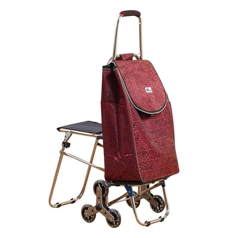 Compact Folding Stair-Climbing Trolley with Seat, Stainless Steel Rod, Outdoor Grocery Cart