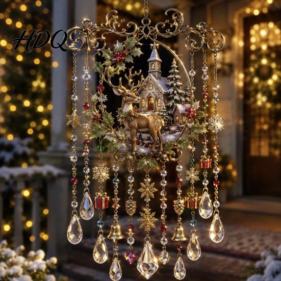 Clear Faceted Crystal Pendant Christmas Wind Chime with Bead Chain Cat Car/Owl Xmas Tree Ornaments Pattern Design Retro Hanging Ornament for