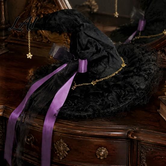 Halloween Night Decorations Witch Hat for Women Lace Wizard with Ribbon Bow Black Party Mesh Veil Costume Accessory Adults Fancy Dress Cosplay