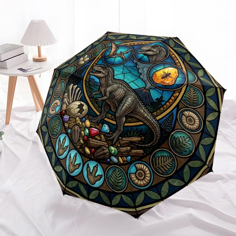 Dinosaur Glass Art Pattern Umbrella, Portable and Foldable Design, 8 Ribs, a Casual Accessory for Halloween, Christmas, and Birthday Gifts.