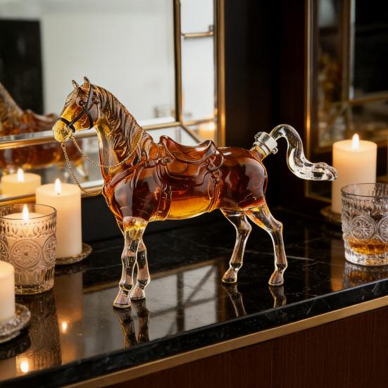 Karafka na Whiskey z Motywem Konia Ręcznie Robiona z Wysokoborosilikowego Szkła Dystrybutor Alkoholu Tematyka Dzikiego Zachodu Pudełko na Prezent z Alkoholem dla Mężczyzn Dzień Ojca Urodziny