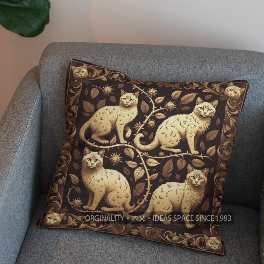 2D Golden Cats With Vine And Flowers Pillow Cover Pattern Cushion Cover Suitable For Sofa Bedroom Car Pillow Cover
