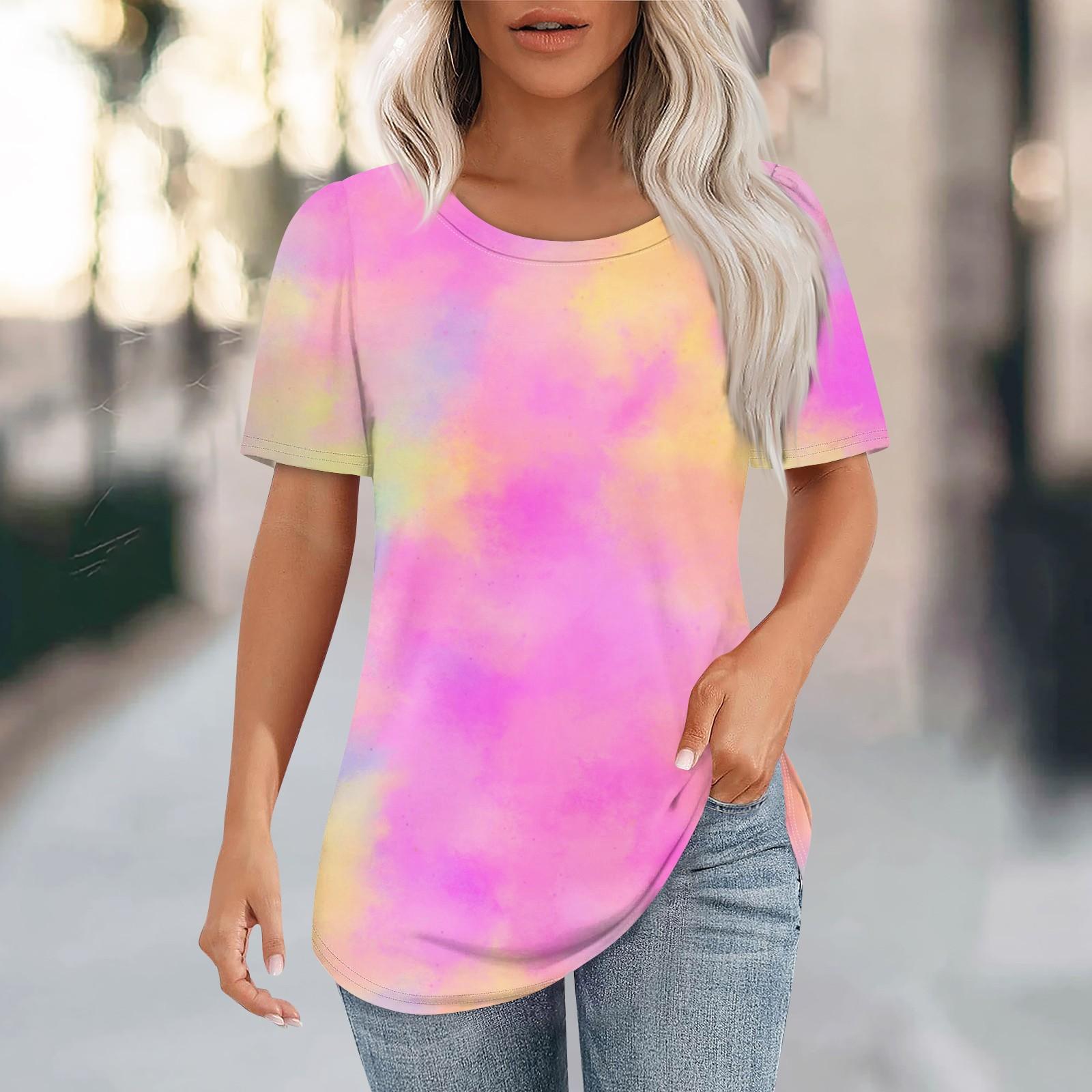 

Футболки для жінок плісировані з круглим вирізом Одягнені повсякденні блузки з принтом з короткими рукавами Літні топи вільного крою M