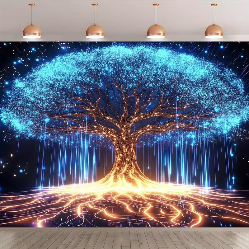 

2D Neon Glowing Tree of Life Tapestry, Magical Blue Light Wall Hanging, Fantasy Nature Backdrop 47.2x31.5inch/120*80cm