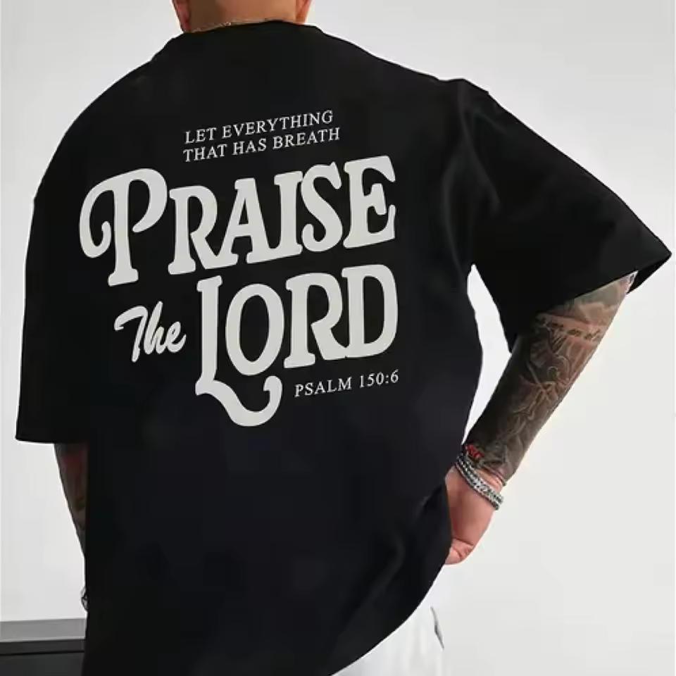 Men'S Casual Loose Fit Short Sleeve T-and kids tshirt Let Everything Praise The Lord Print Black with White Text Cross Design