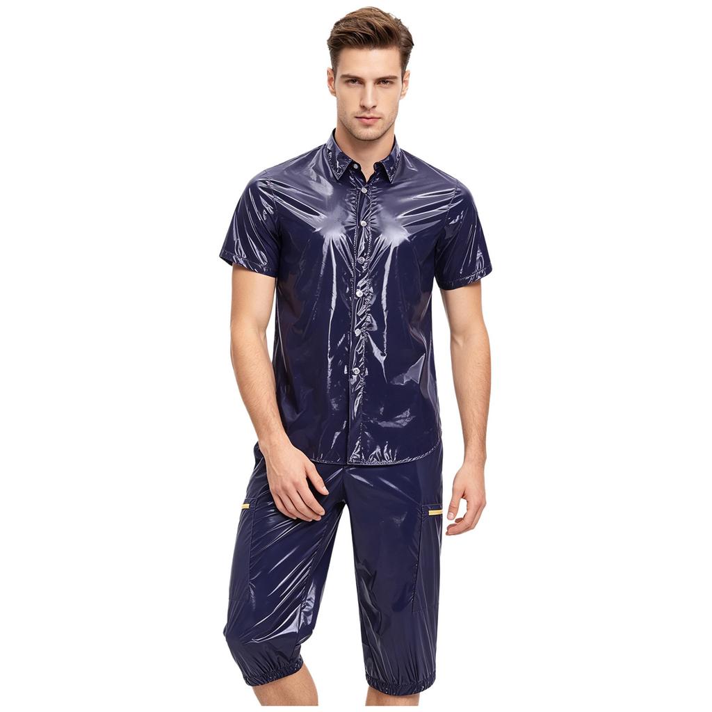 Mens Waterproof Tracksuit Short Sleeve Front Button Shirt Multi Pocket Cargo Shorts Capri Pants