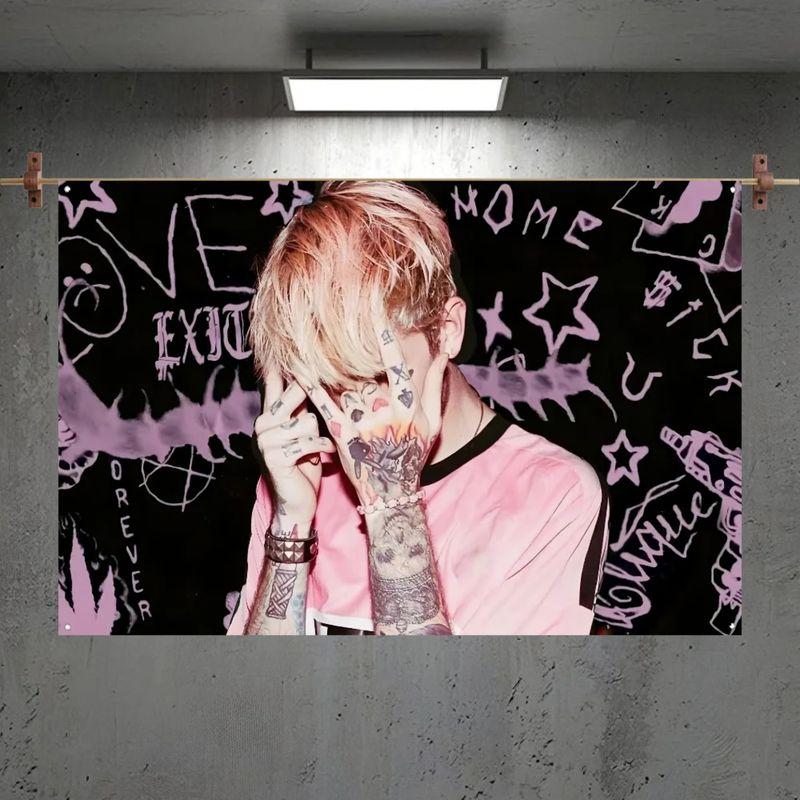 Pink Black Graffiti Lil Peep Tattoo Portrait Tapestry, Street Style Wall Art for Bedroom Dorm Decor