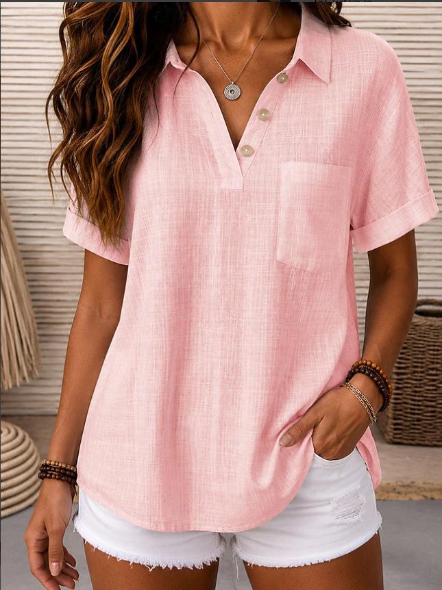 Solid Color Fashion Casual Lapel Short Sleeve Shirt For Women