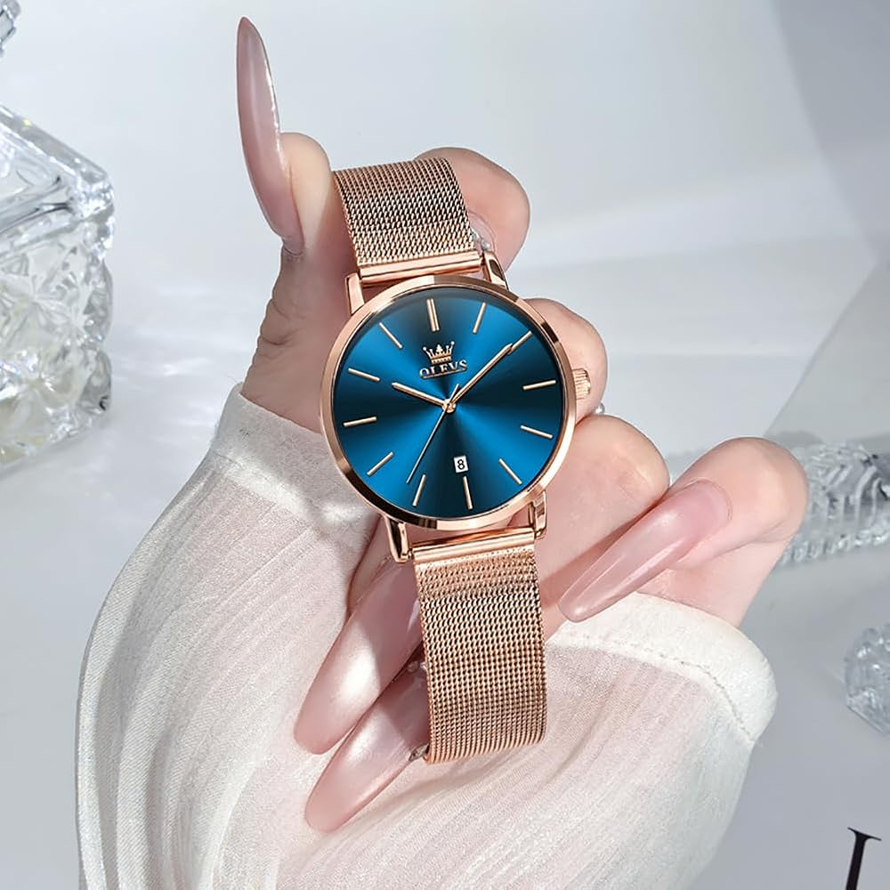 OLEVS Women's Minimalist Casual Watch Rose Gold Leather Band Waterproof Analog Quartz with Date Calendar