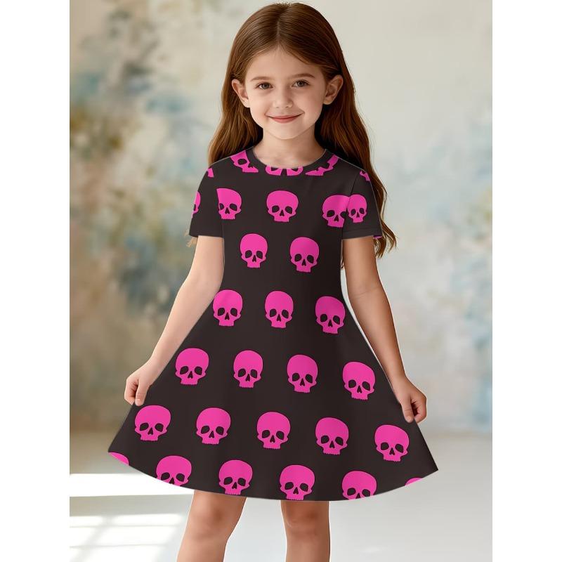 Gothic Cartoon Skull 3D Printed Girl Clothes Summer Princess Elegant Dresses Comfortable Short Sleeve Dress Fashion Kids Clothes