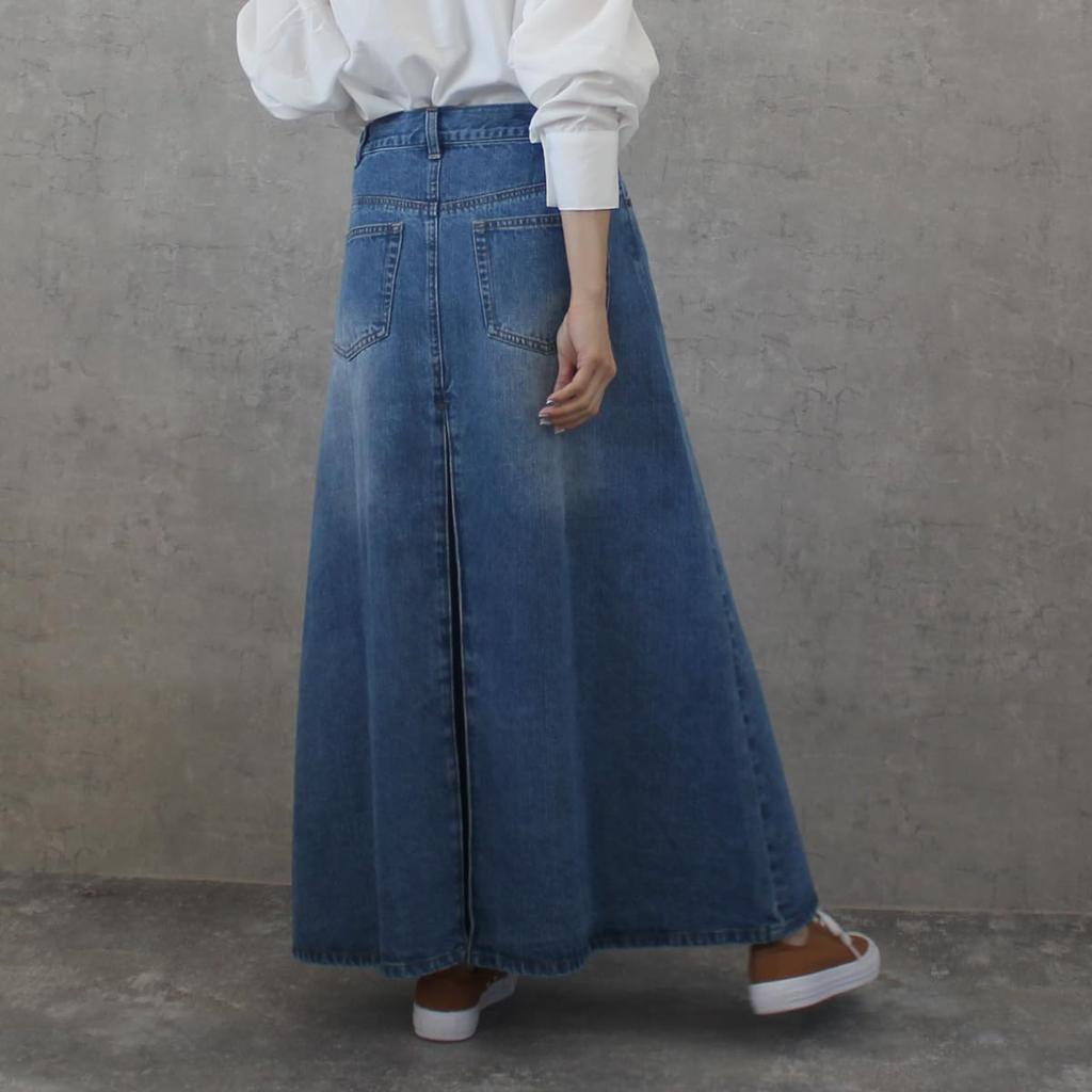 Selectively Berry Long Denim Skirt with Beautifully Flared Back Pleats and Elastic Available In Plus Suitable for and Distressed Size S Women's Waist,