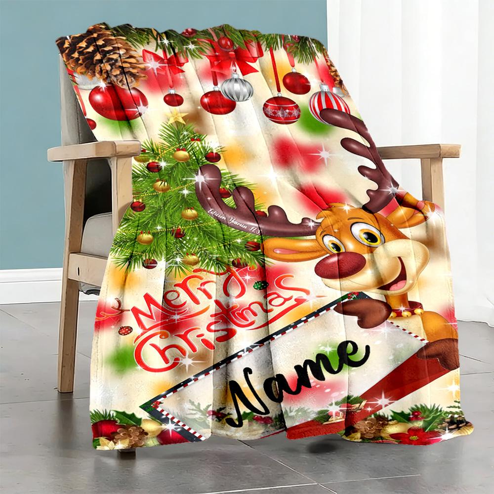 Christmas Deer Personalized Text Blanket Throw Personalized Blanket Comfortable Versatile for Office Livingroom Living Room Bedding All-Season Use