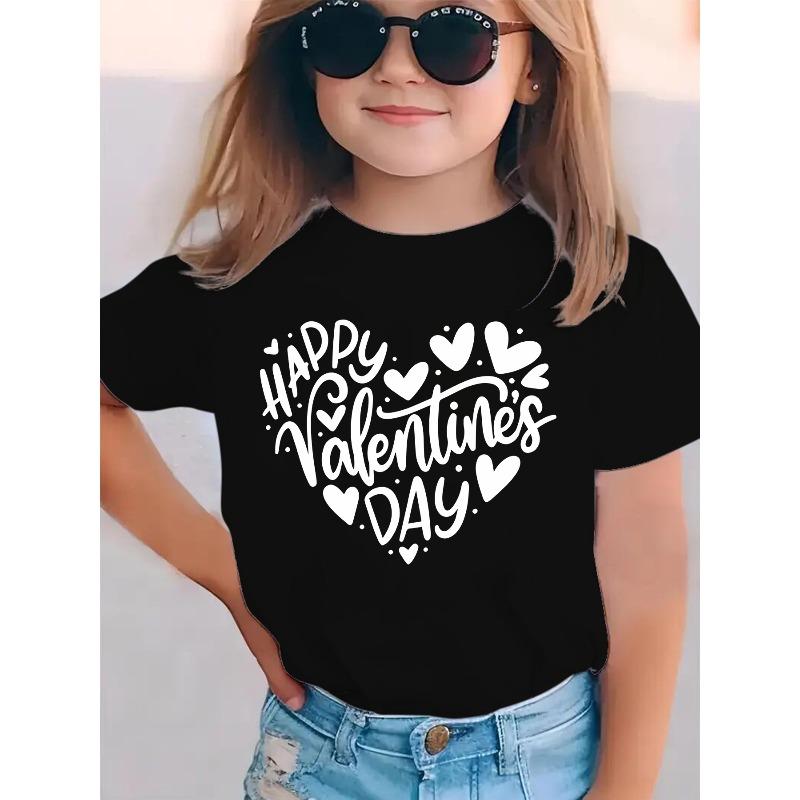 European Sizes Girls' Casual Summer Short-Sleeve T-Shirt | Happy Valentine'S Day Heart Cartoon Print, Crew Neck, Slight Stretch Fabric, Regular Fit