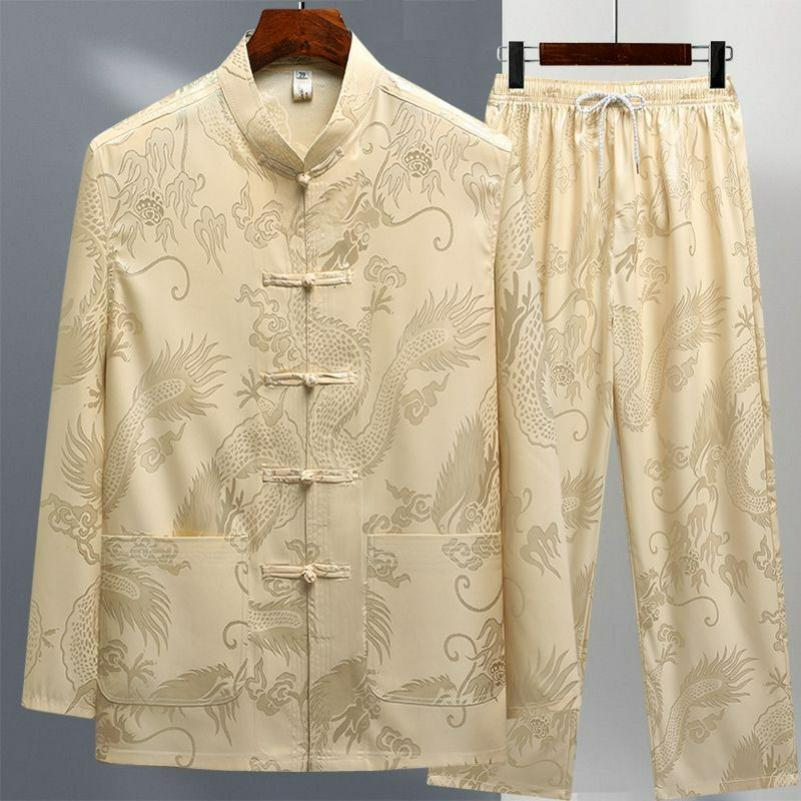 

Tang Suit Men s Ice Silk Long-sleeved Suit Spring and Summer Retro Style Hanfu Dad Morning Exercise Tai Chi Suit 190 бежевий