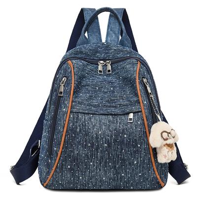 Denim Style Backpack with Multiple Zipper Compartments and Top Handle