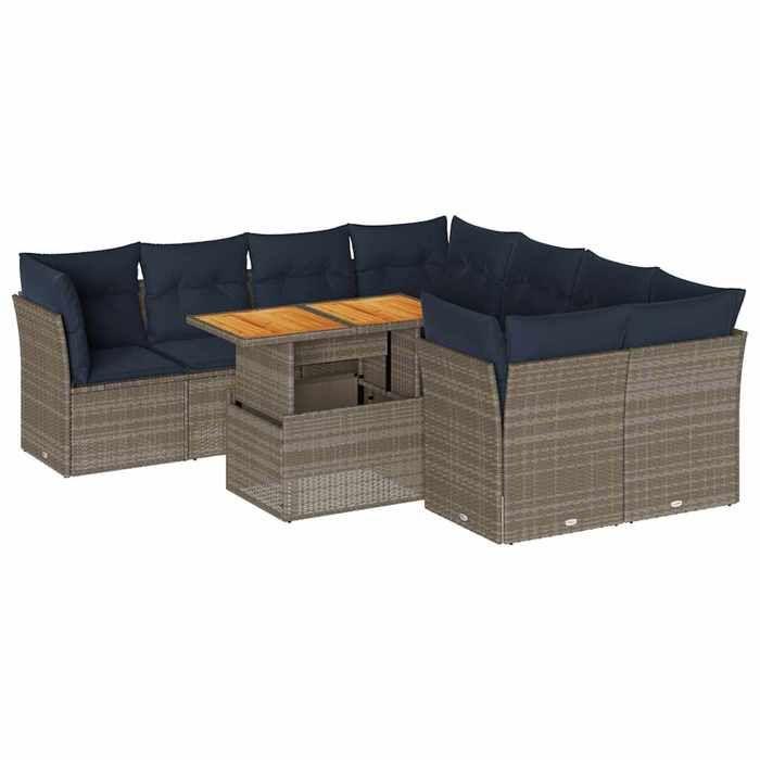 VidaXL Salon de jardin 9 pcs avec coussins gris résine tressée, ensemble de canapés d'extérieur, ensemble de canapé d'angle 3326910
