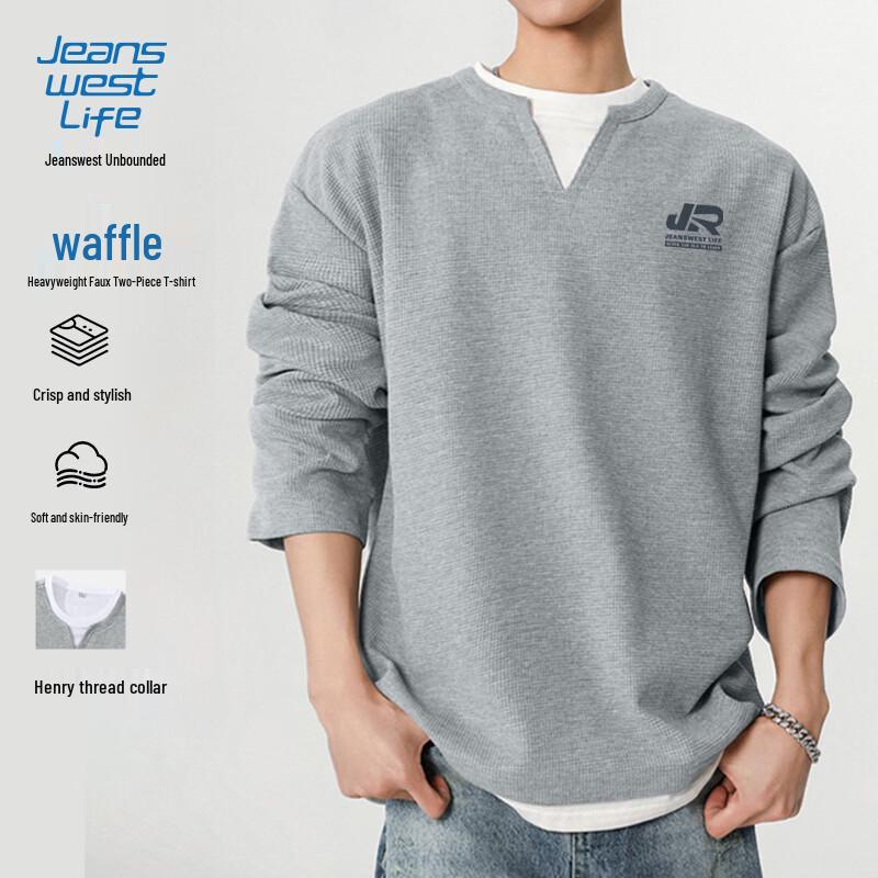 JEANSWEST LIFE Men s Waffle Faux Two-Piece Long Sleeve T-Shirt XL