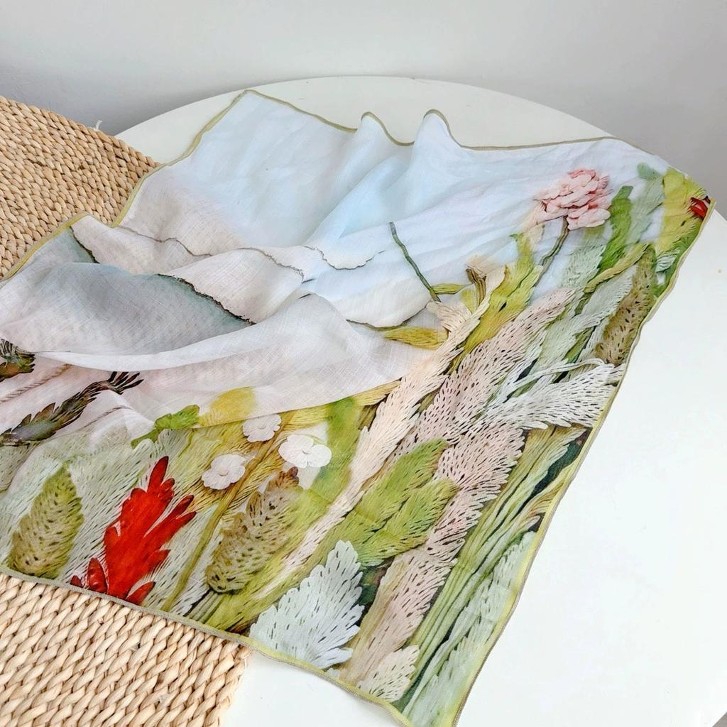 Spring And Summer Women Linen Floral Thin Neck Scarves Square Scarf Neckerchief Office Lady Hijab Headband Female Foulard