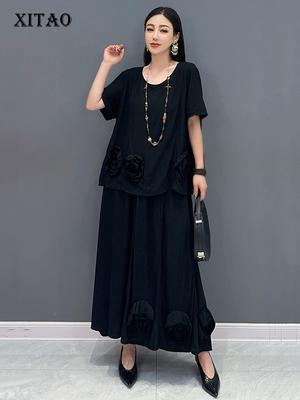 Siyah Kadın Etek Takımları Moda Üç Boyutlu Çiçek Dekorasyonu Rahat İki Parça ZY8818