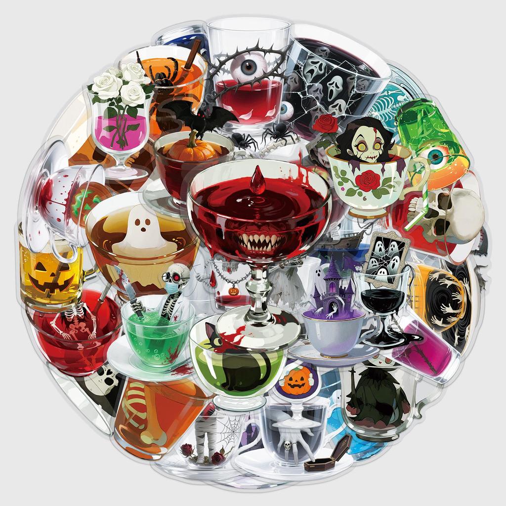 50 Transparent Horror Teacup Stickers: Waterproof PET Ghost & Skeleton for Halloween Journals
