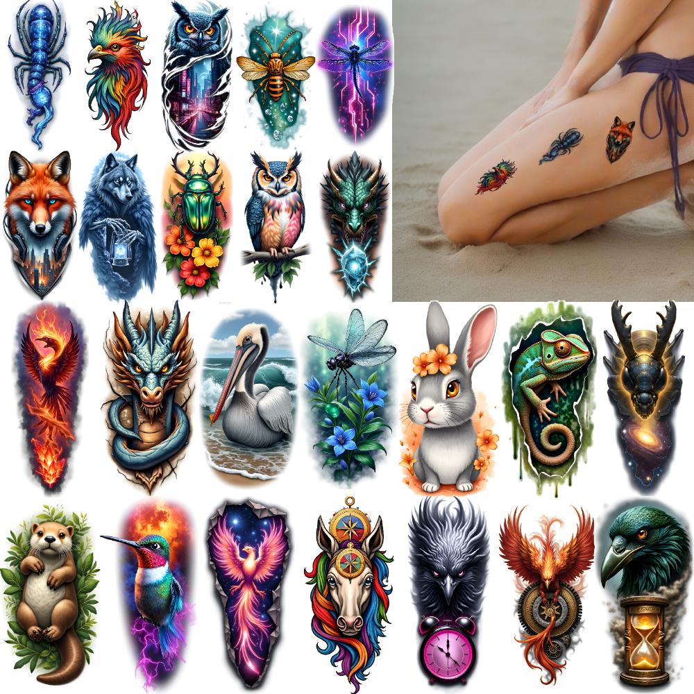 9pcs Temporary Tattoo Black Bird With Clock Realistic Temporary Tattoos Chameleon Golden Beetle With Galaxy Colorful Realism For